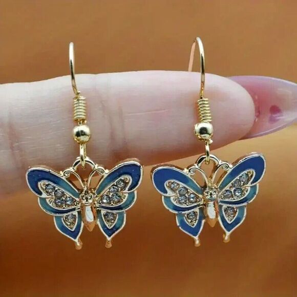 Exquisite Blue Enamel Butterfly Design Shiny Zircon Dangle Earrings. - Picture 2 of 5
